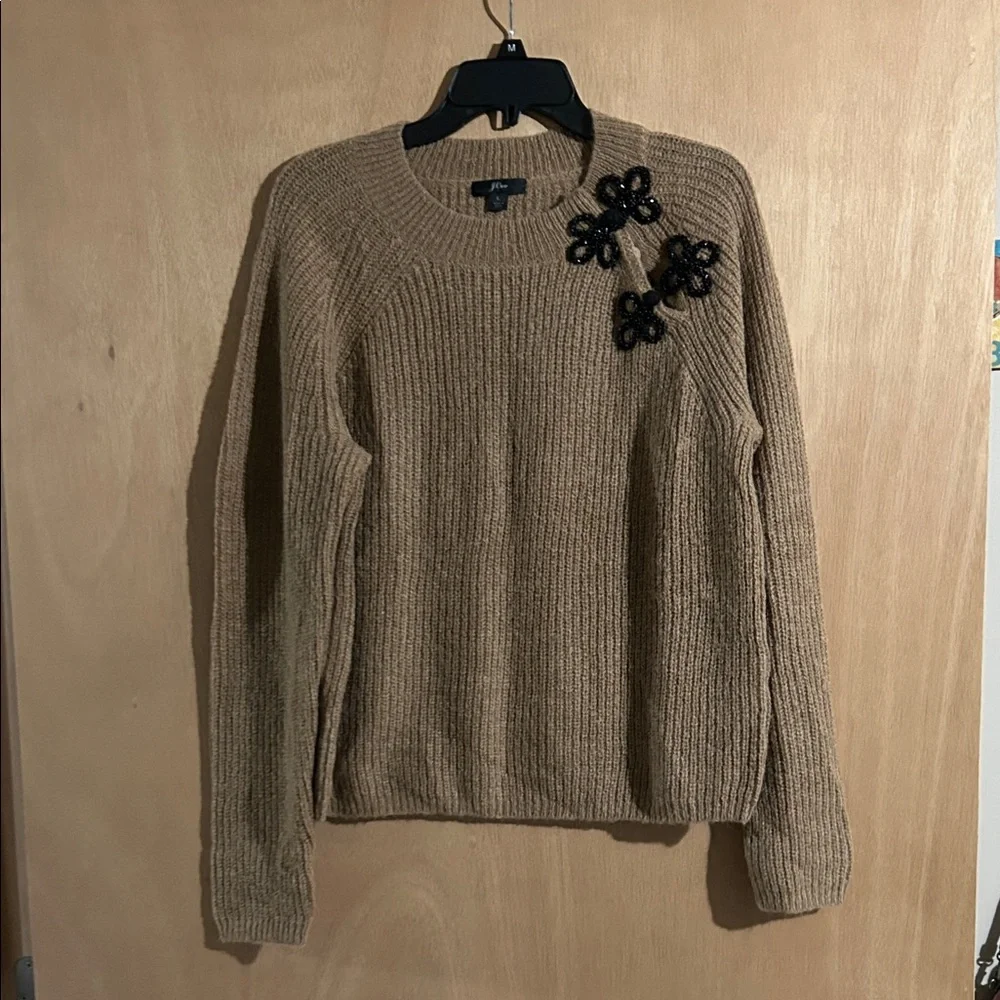 J. Crew Tan Sweater with Black Floral Accents